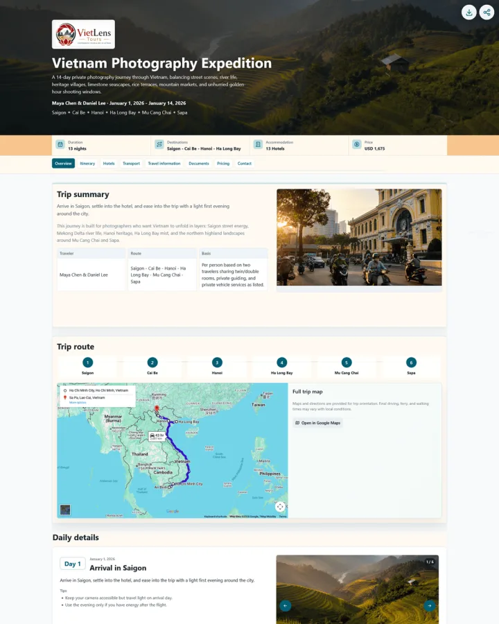 Branded travel proposal preview with itinerary, map, pricing, and contact details