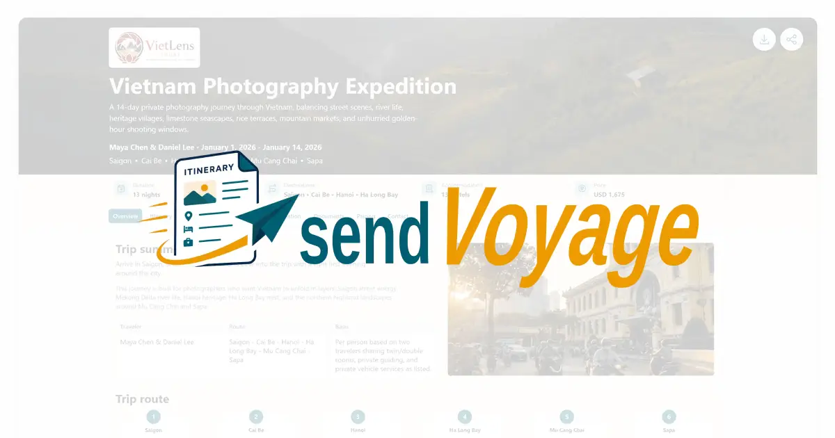 Branded travel proposal preview with itinerary, map, pricing, and contact details